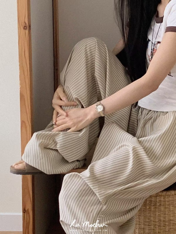薄款涼感縮口條紋褲